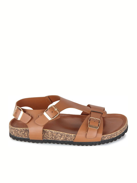 Flache Sandalen für Damen mit Riemen in Tabac Braun Farbe
