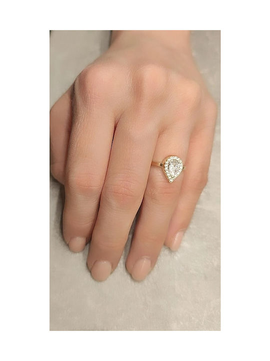 14K Gold Ring with White Zircon Stone in Tear Shape & Round Perimeter MSD-21929Y