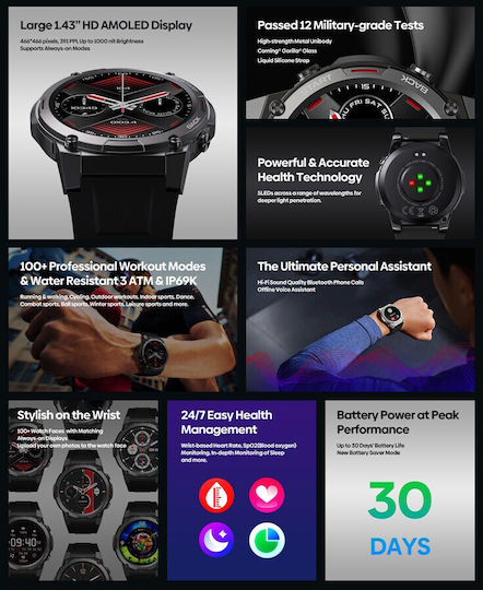 Zeblaze Vibe 7 Pro Aluminium 49mm Smartwatch με Παλμογράφο (Μαύρο)