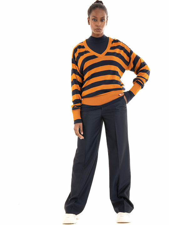 Scotch & Soda Women's Long Sleeve Sweater with V Neckline Striped Orange