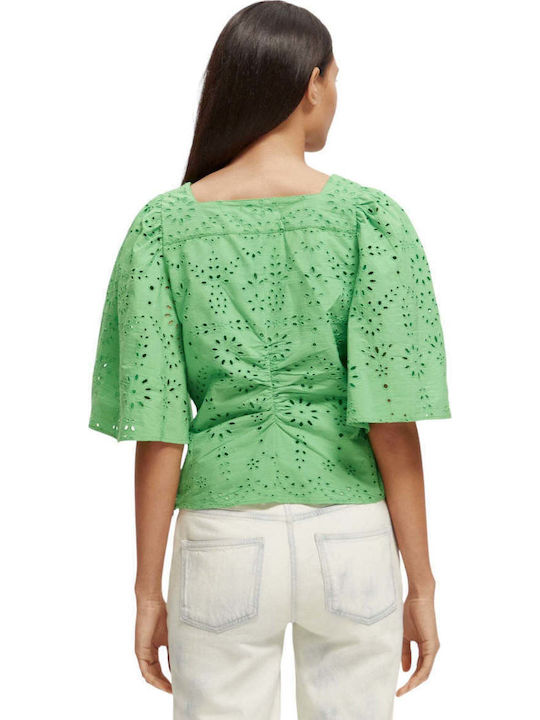 Women's Summer Blouse Cotton Short Sleeve Floral Green