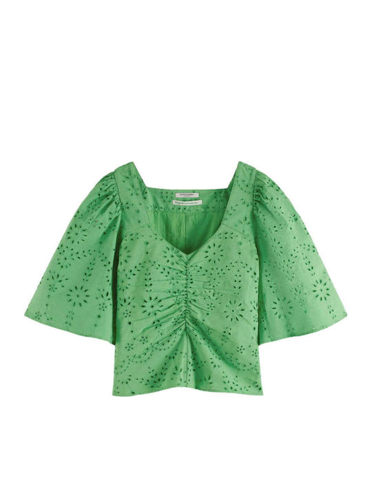 Women's Summer Blouse Cotton Short Sleeve Floral Green
