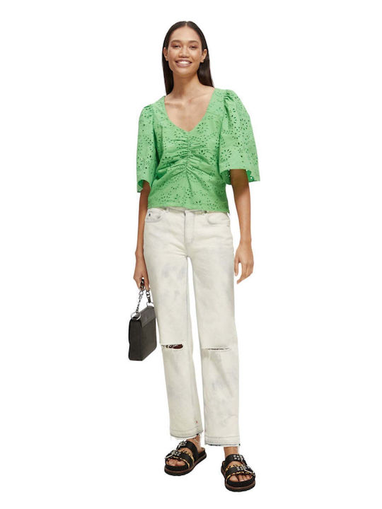 Women's Summer Blouse Cotton Short Sleeve Floral Green