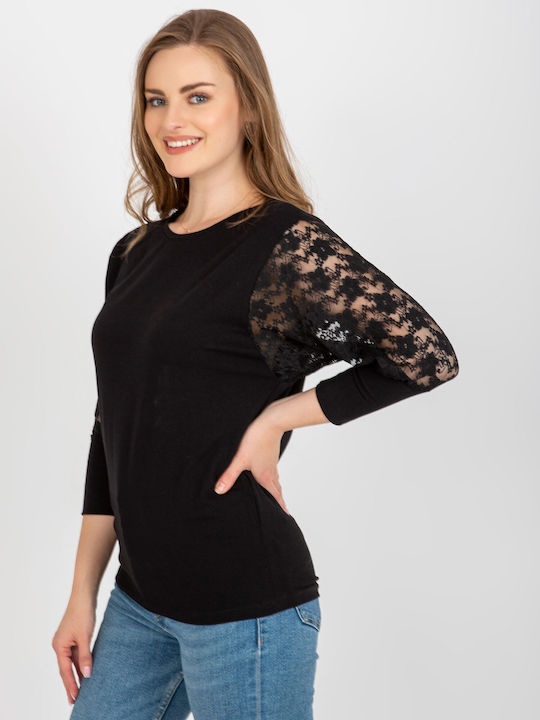 Rue Paris Damen Bluse Baumwolle mit 3/4 Ärmel Schwarz