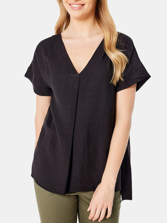 Forel Women's Summer Blouse Short Sleeve with V Neckline Black