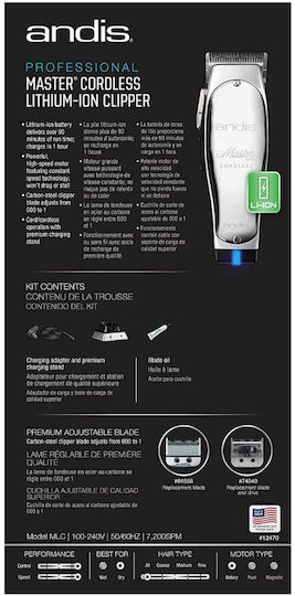 Andis Master Cordless Rechargeable Hair Clipper Silver 12480
