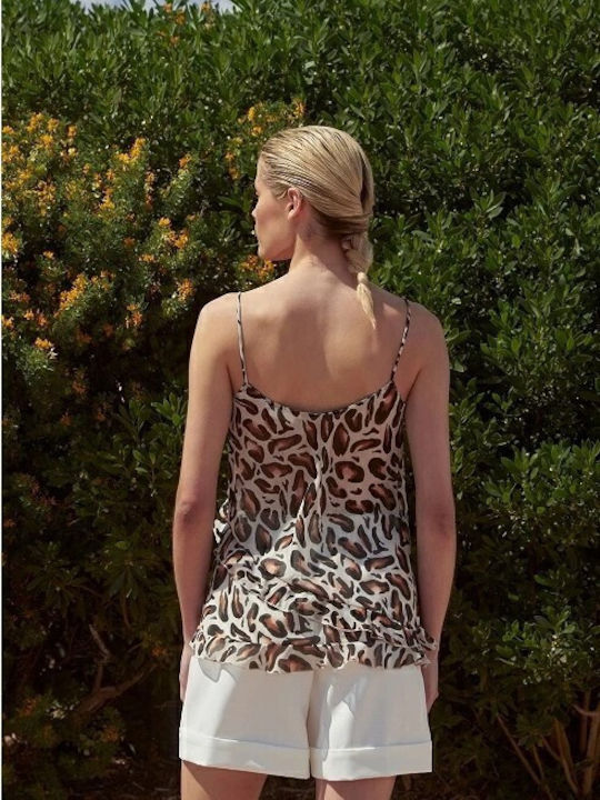Desiree Women's Summer Blouse with Straps & V Neckline Animal Print Brown