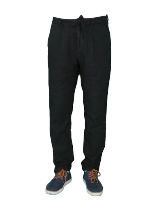 Private Bread Buttons 672-1 Men's Linen Trousers with Drawstring Waist Black