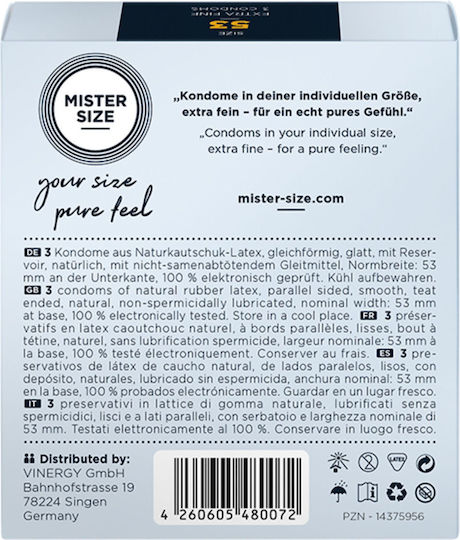 Mister Size Презервативи Extra Fine Size 53mm 3бр 53mm Тънки за Естествено Усещане Natural