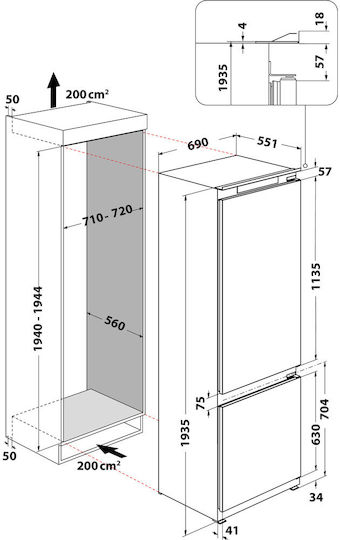 Whirlpool Εντοιχιζόμενος Ψυγειοκαταψύκτης 394lt Total NoFrost Υ193.5xΠ69xΒ55.1εκ. Λευκός WH SP70 T122