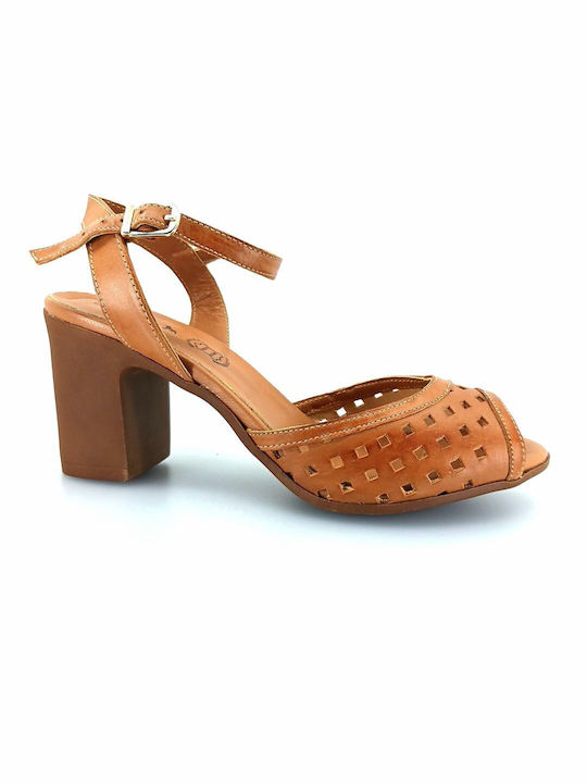 Boxer Leather Women's Sandals Tabac Brown with Chunky High Heel