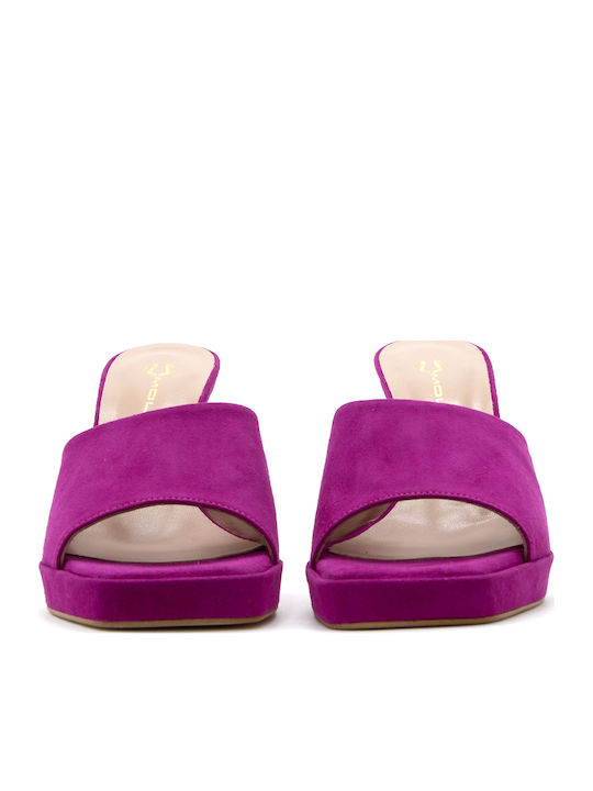 Suede Mules with Chunky High Heel in Fuchsia Color