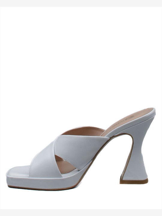Leather Mules with Chunky High Heel in White Color