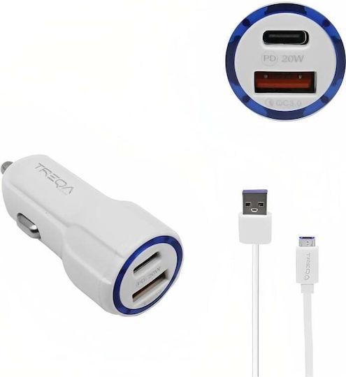 Treqa CS-233-W Car Charger 20W 3.1A Fast Charging with Ports: 2xUSB with Cable Micro-USB White Color