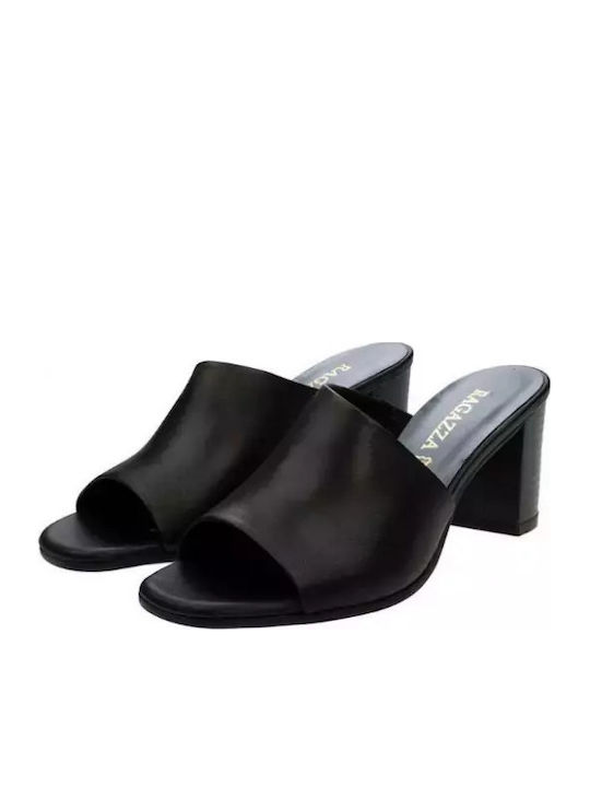 0649-1 Leather Mules with Chunky Low Heel in Black Color