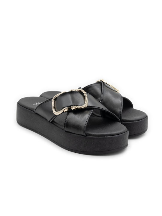 Mariella Fabiani Leather Women's Flat Sandals Flatforms in Black Color