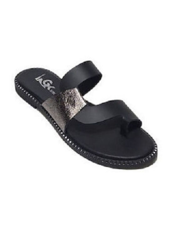 Gk Shoes Leather Women's Flat Sandals in Black Color