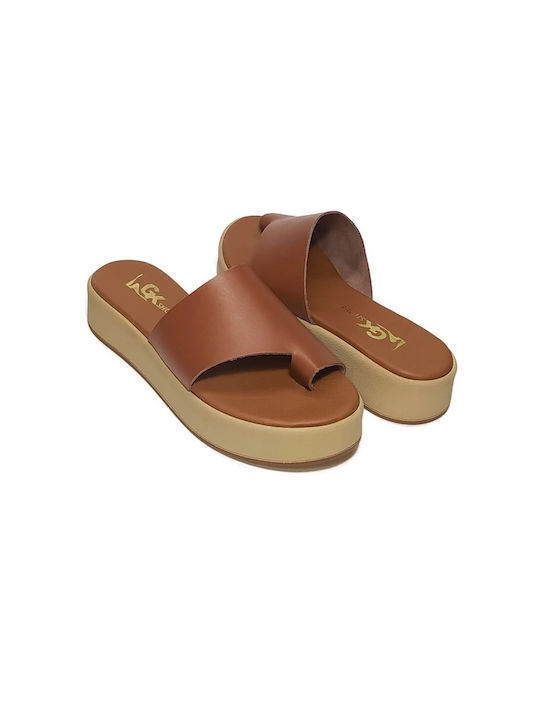 Leather Women's Flat Sandals Flatforms in Tabac Brown Color