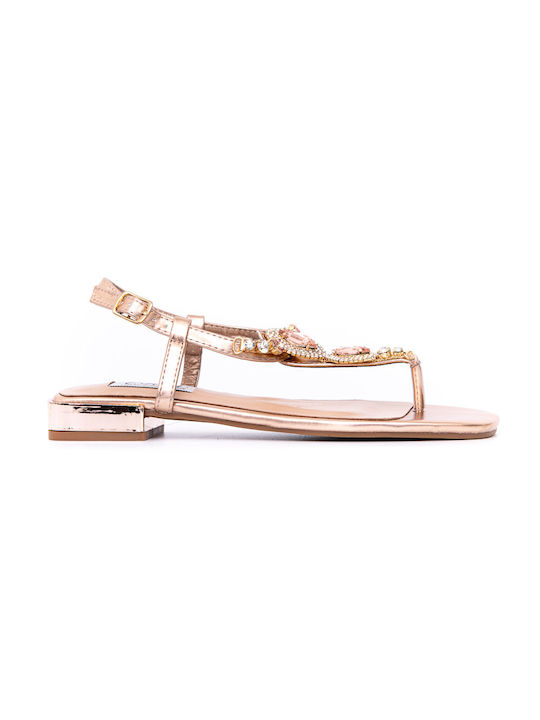 Gold flat leather sandals with stones and rhinestones POLITIS