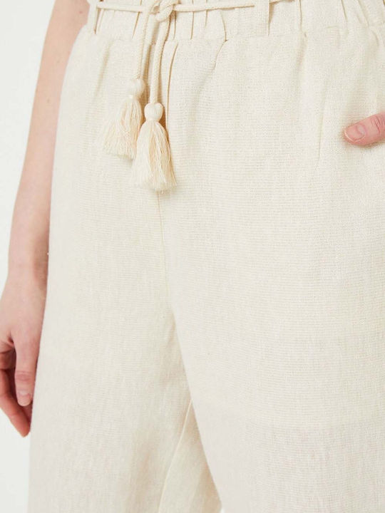 Damen Stoff Hose mit Gummizug in Lockere Passform Beige