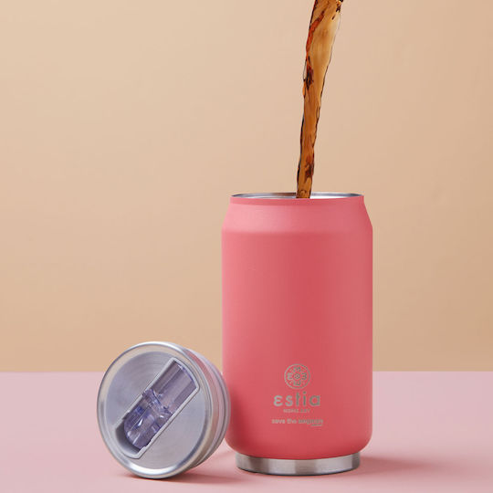 Estia Travel Cup Save the Aegean Recyclable Glass Thermos Stainless Steel / Plastic BPA Free 300ml Fusion Coral with Straw