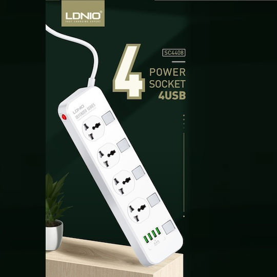 Ldnio SS4408 Πολύπριζο 4 Θέσεων με 4 USB-A, Διακόπτη και Καλώδιο 2m