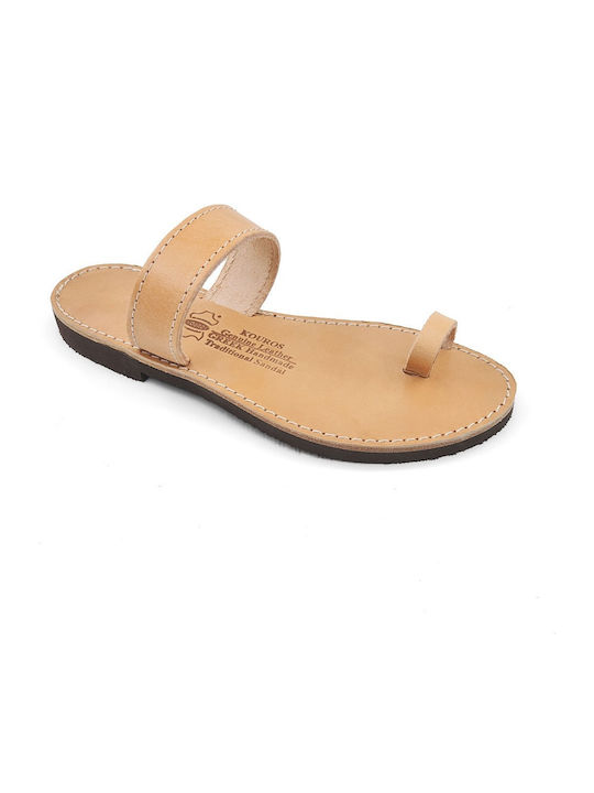 Kouros 14 Leather Women's Flat Sandals in Beige Color