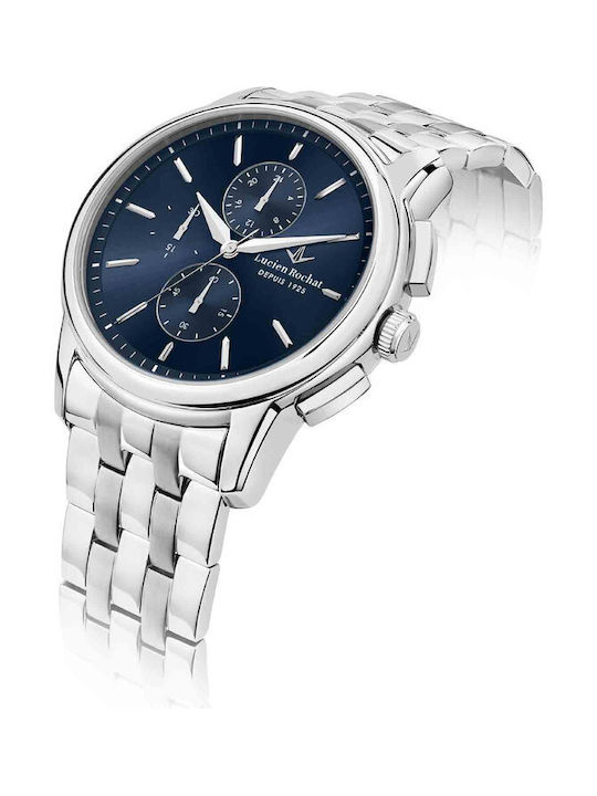 Herrenuhr 42mm Chronograph Batterie mit Rostfreiem Stahlarmband Blau/Silber