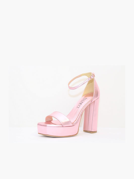 Ellen Platform Fabric Women's Sandals with Ankle Strap Metallic Pink with Chunky High Heel