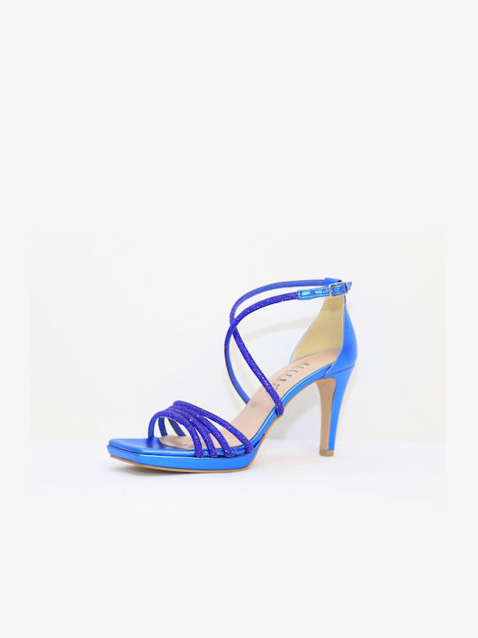 Ellen Synthetic Leather Women's Sandals with Strass Blue with Thin High Heel