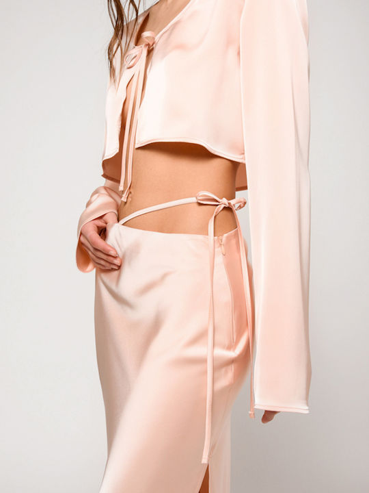 Gwyneth Damen Sommer Crop Top Satin Langarm Rosa