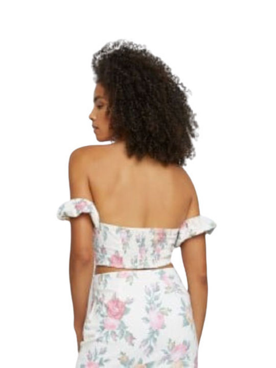 Glamorous Women's Summer Crop Top Off-Shoulder Short Sleeve Floral Beige