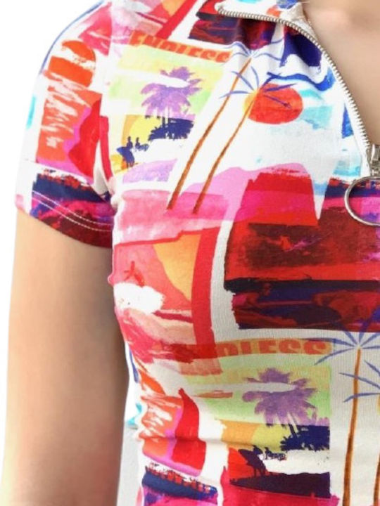 Women's Summer Crop Top Cotton Short Sleeve with Zipper Pink