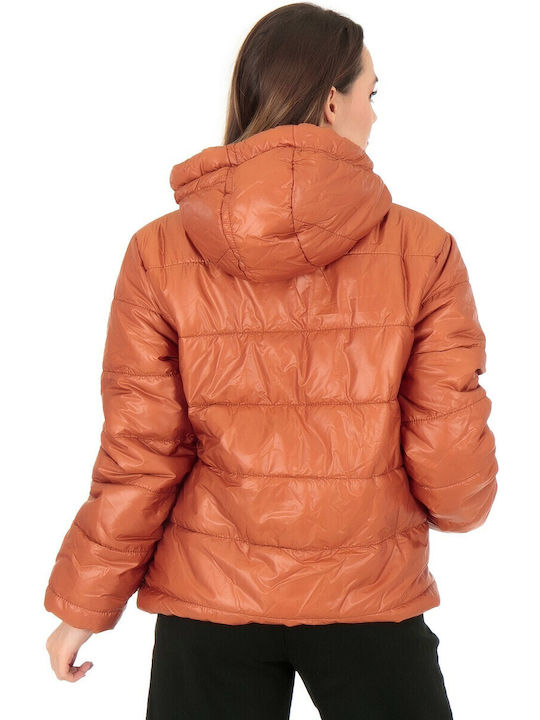 Women's Short Puffer Jacket Waterproof for Winter Orange