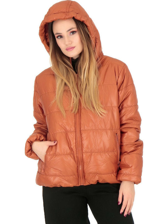 Women's Short Puffer Jacket Waterproof for Winter Orange