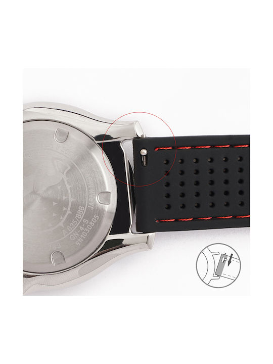 Silicone Strap, Black with Red Stitching, Quick Release, Black Buckle, Breathable, 22mm.