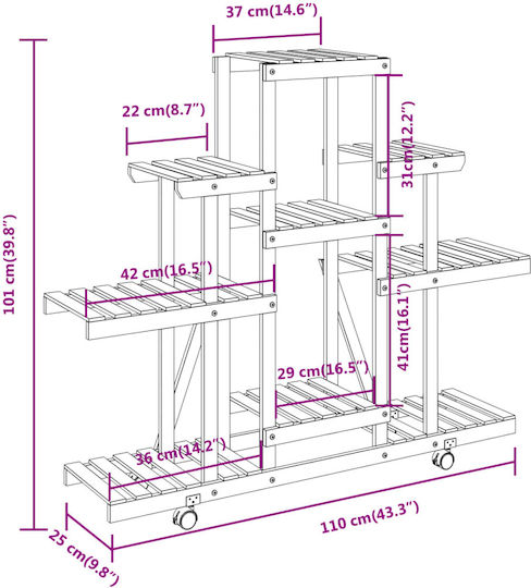 vidaXL Ραφιέρα Γλάστρας Ξύλινη Καφέ με Ρόδες 110x25x101εκ.
