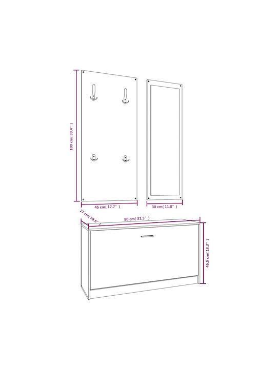 Entry Furniture with Mirror / Hanger & Shoe Rack 80x27x46.5cm