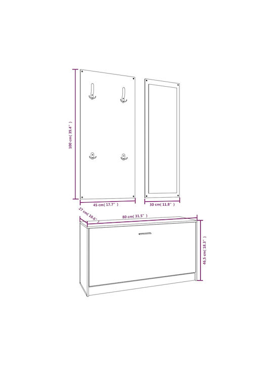 Entry Furniture with Mirror / Hanger & Shoe Rack 80x27x46.5cm