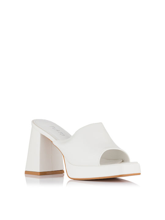 Plato LL-1205 Chunky Heel Leather Mules White