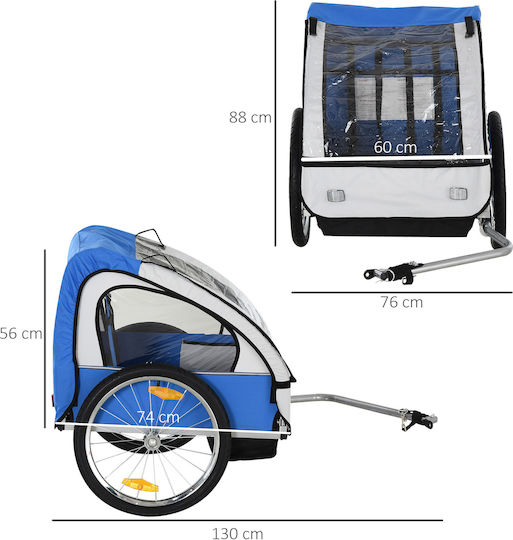 Homcom Kindliches Anhänger Fahrrad 2 Sitzplätze Sicherheitsgurte Stahl Blau Oxford Stoff