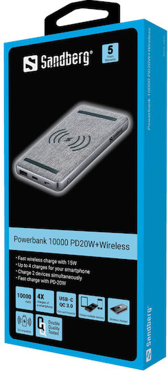 Sandberg 420-61 Power Bank 10000mAh 20W με Θύρα USB-A και Θύρα USB-C Quick Charge 3.0 / Power Delivery Γκρι