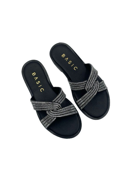 Sandals with rhinestones - Black Ecological Leather