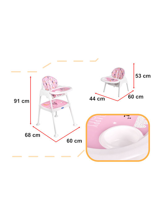 Loco Highchair 3 in 1 with Metal Frame & Plastic Seat Pink