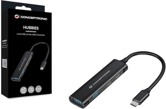 Conceptronic USB-Hub 4 Anschlüsse USB 3.2 mit USB-C Anschluss Grau