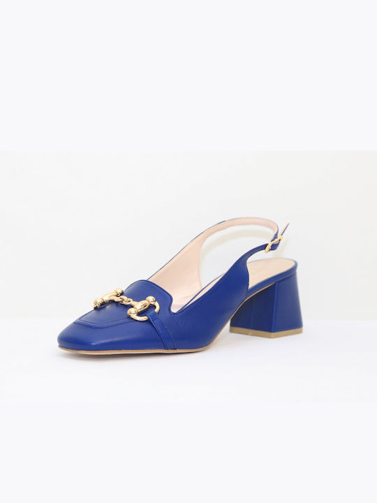 Fardoulis Leather Blue Matt Medium Heels with Strap