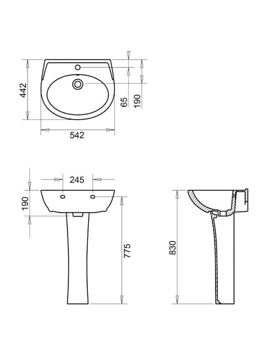 Tema Wall-Mounted Drop-In Porcelain Bathroom Sink 55x45cm White