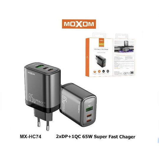 Moxom Charger Without Cable with USB-A Port and 2 USB-C Ports 65W Power Delivery / Quick Charge 4.0 Blacks (MX-HC74)