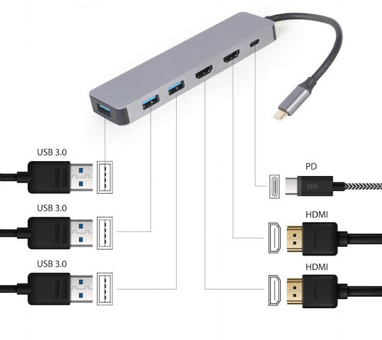 Cablexpert USB-C Docking Station με HDMI 4K PD Γκρι (A-CM-COMBO3-03)