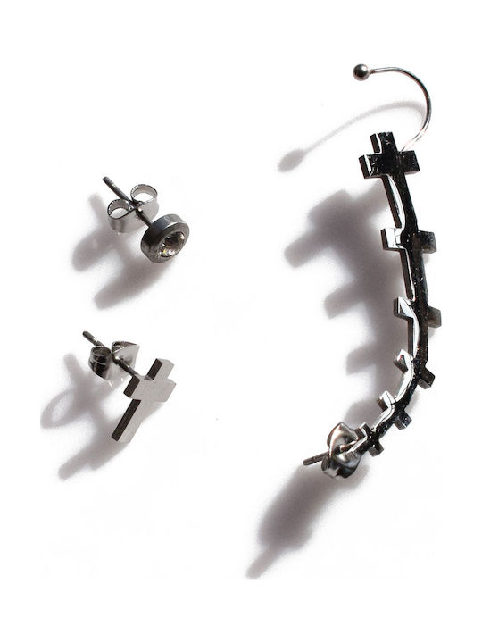 Bizoutaki Σετ Σκουλαρίκια Ear Climbers από Ατσάλι με Πέτρες